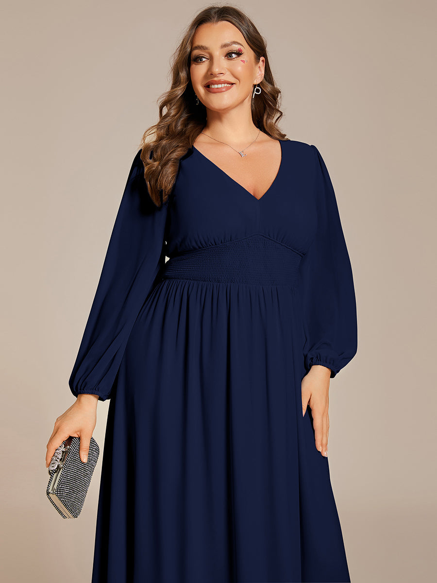 Color=Navy Blue | Plus Size Knee Length Chiffon Wholesale Wedding Guest Dresses With Long Sleeves-Navy Blue 30