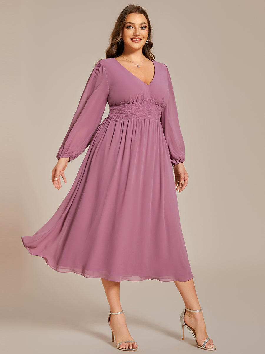 Color=Orchid | Plus Size Knee Length Chiffon Wholesale Wedding Guest Dresses With Long Sleeves-Orchid 20
