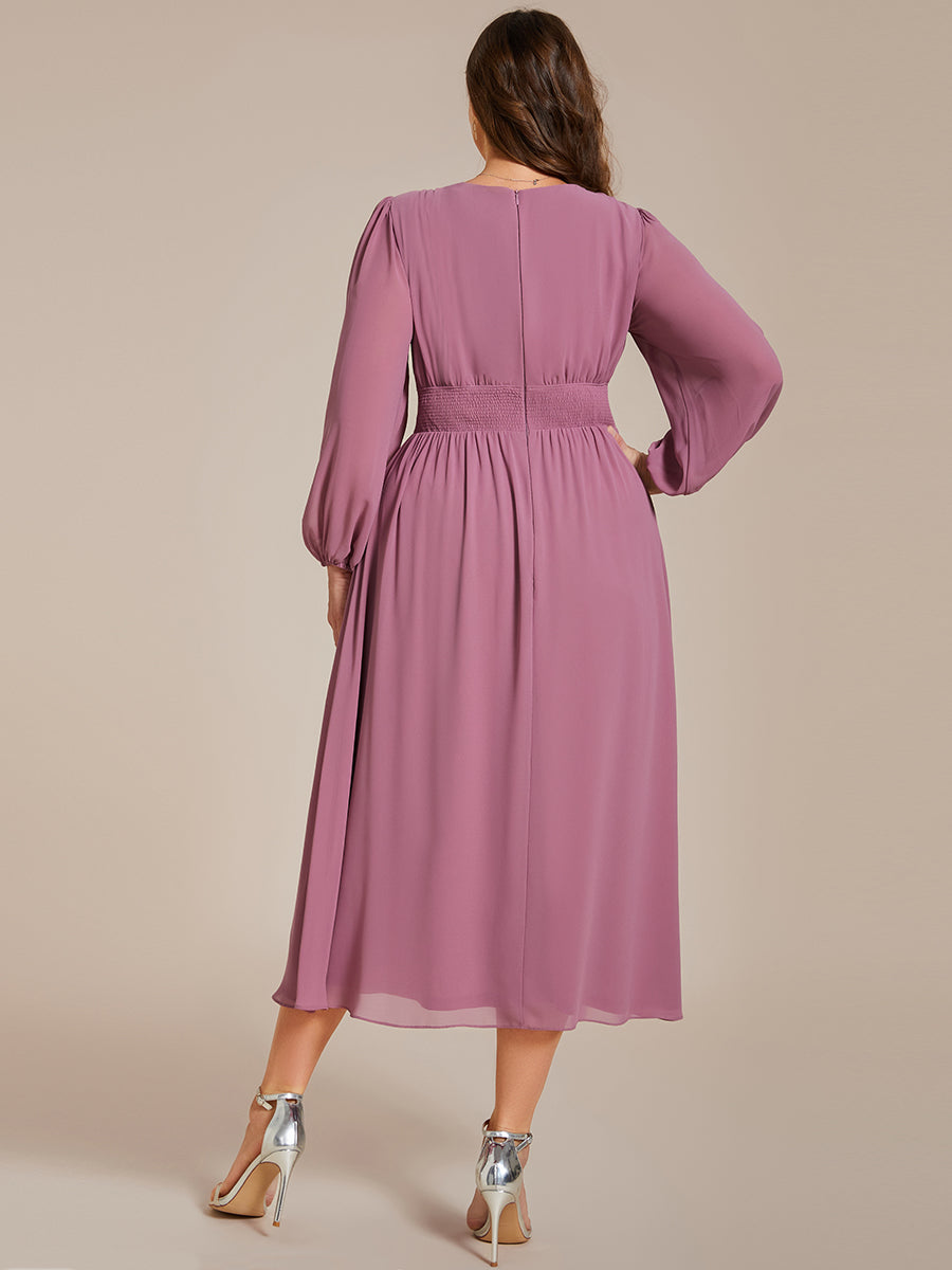 Color=Orchid | Plus Size Knee Length Chiffon Wholesale Wedding Guest Dresses With Long Sleeves-Orchid 19