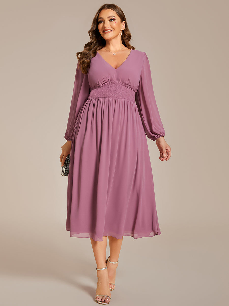 Color=Orchid | Plus Size Knee Length Chiffon Wholesale Wedding Guest Dresses With Long Sleeves-Orchid 16