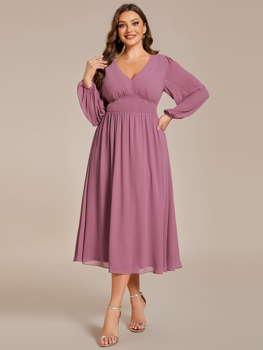 Color=Orchid | Plus Size Knee Length Chiffon Wholesale Wedding Guest Dresses With Long Sleeves-Orchid 17