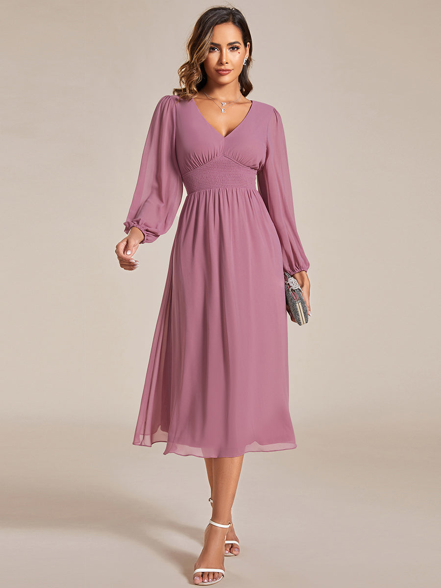 Knee Length Long Sleeves Chiffon Wholesale Wedding Guest Dresses#Color_Orchid