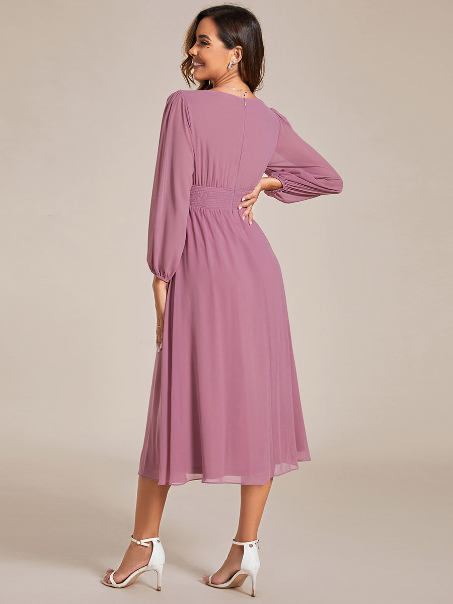 Knee Length Long Sleeves Chiffon Wholesale Wedding Guest Dresses#Color_Orchid