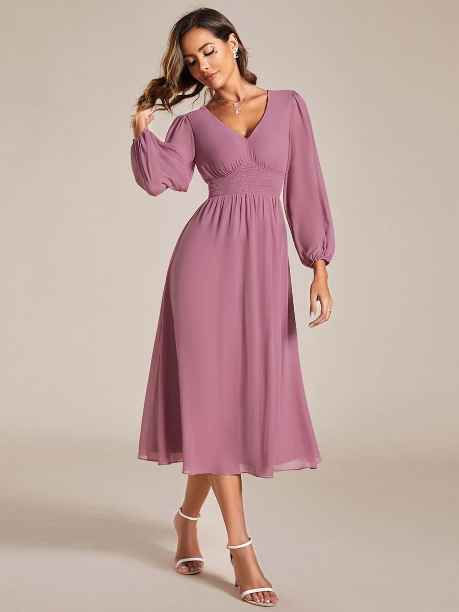 Knee Length Long Sleeves Chiffon Wholesale Wedding Guest Dresses#Color_Orchid