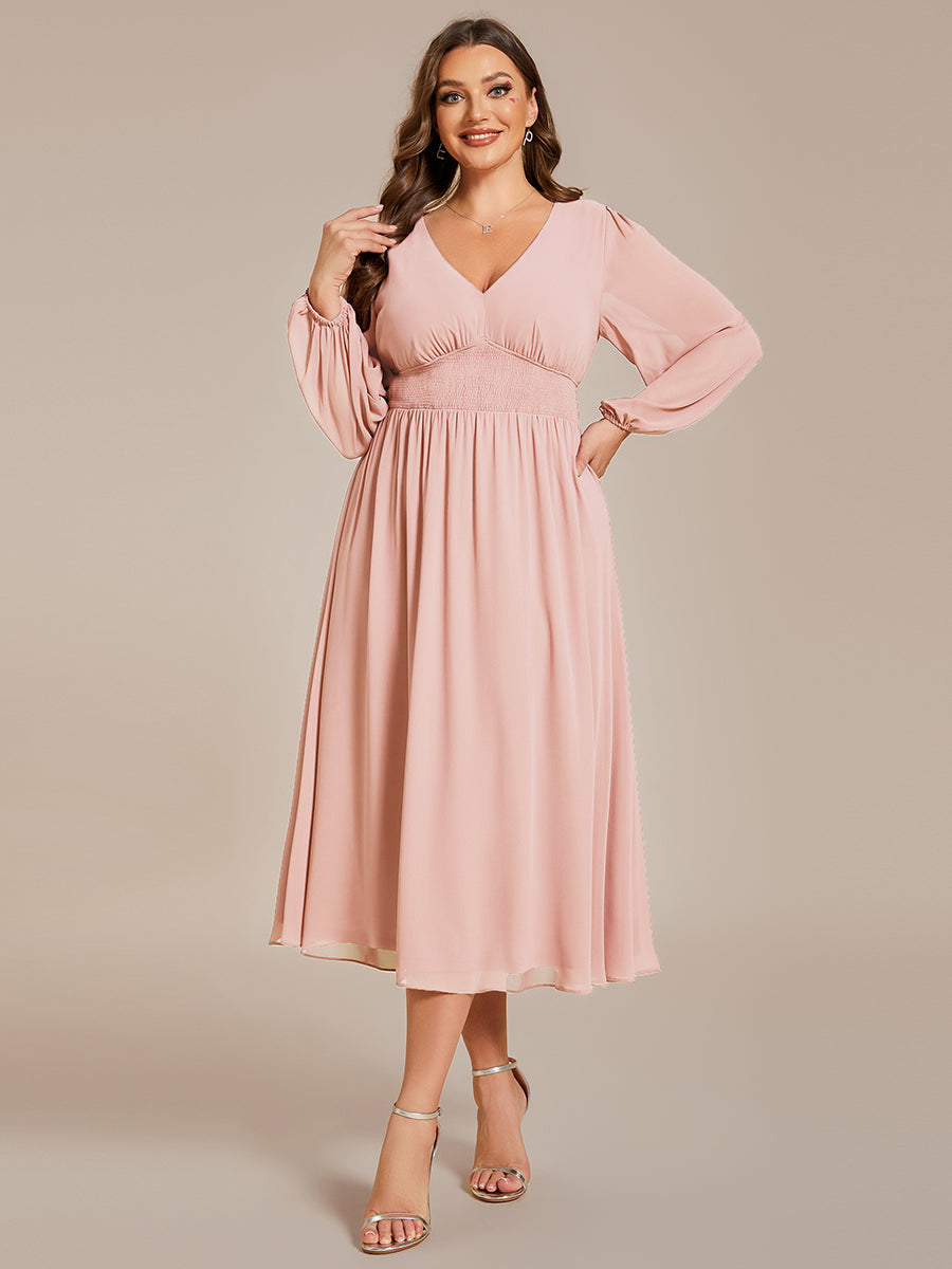 Plus Size Knee Length Chiffon Wholesale Wedding Guest Dresses With Long Sleeves#Color_Pink