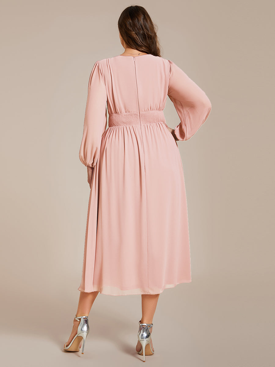 Plus Size Knee Length Chiffon Wholesale Wedding Guest Dresses With Long Sleeves#Color_Pink