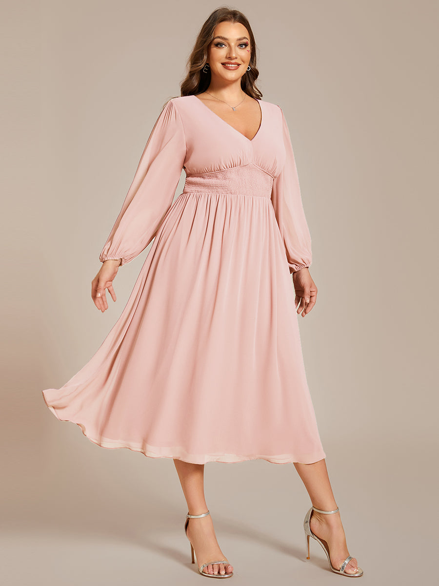 Plus Size Knee Length Chiffon Wholesale Wedding Guest Dresses With Long Sleeves#Color_Pink