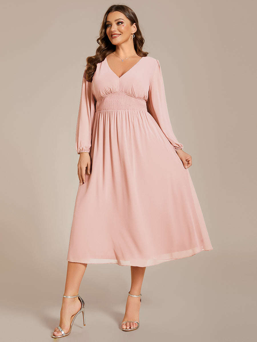 Plus Size Knee Length Chiffon Wholesale Wedding Guest Dresses With Long Sleeves#Color_Pink