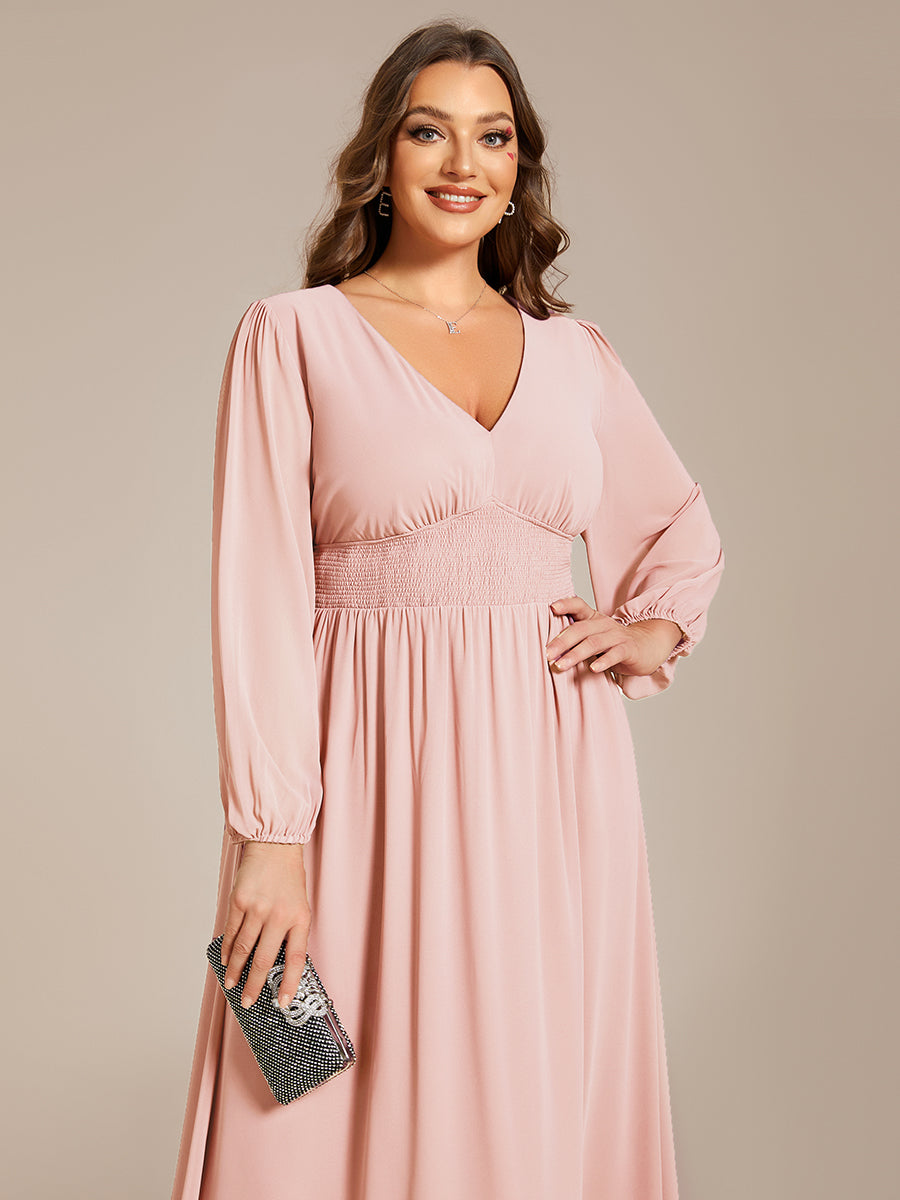 Plus Size Knee Length Chiffon Wholesale Wedding Guest Dresses With Long Sleeves#Color_Pink