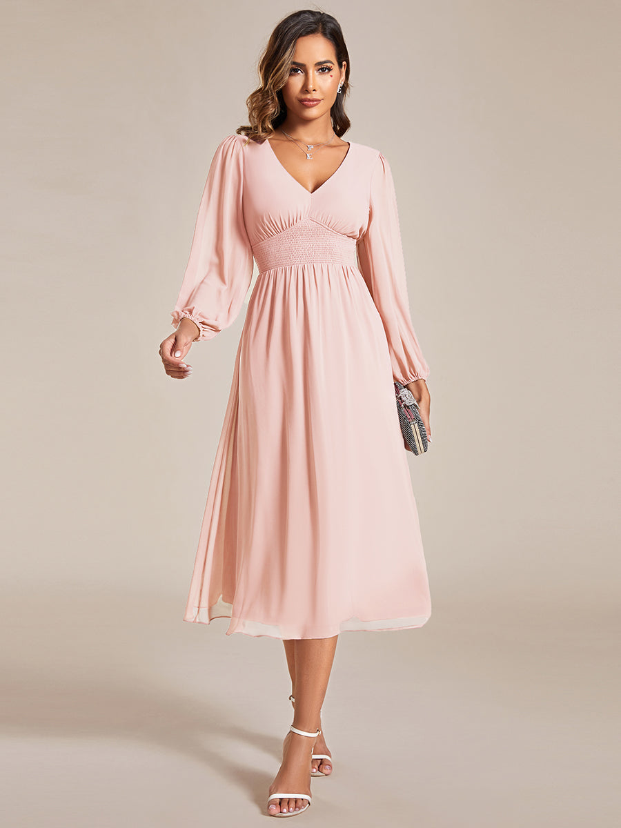 Knee Length Long Sleeves Chiffon Wholesale Wedding Guest Dresses#Color_Pink