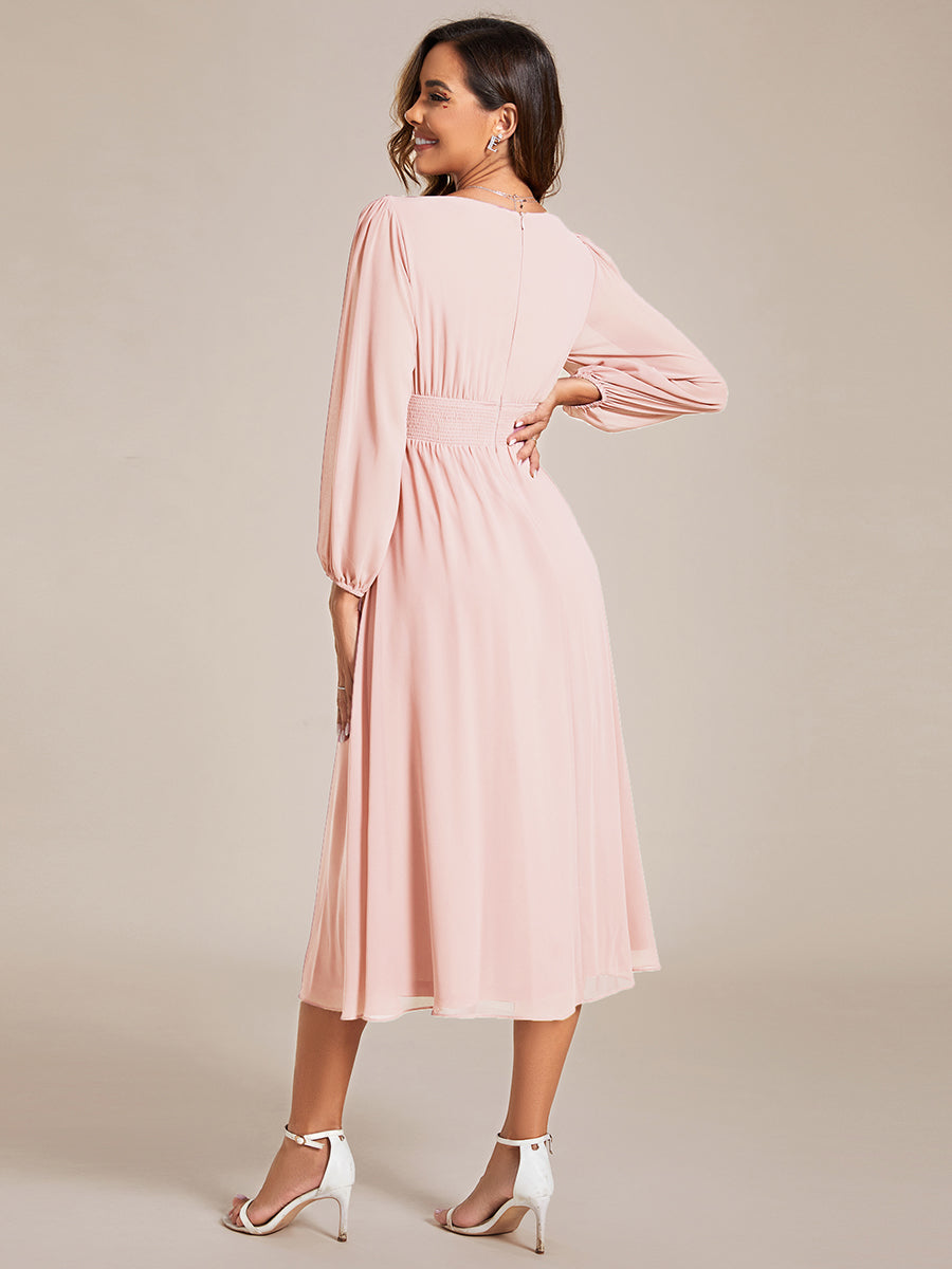 Knee Length Long Sleeves Chiffon Wholesale Wedding Guest Dresses#Color_Pink