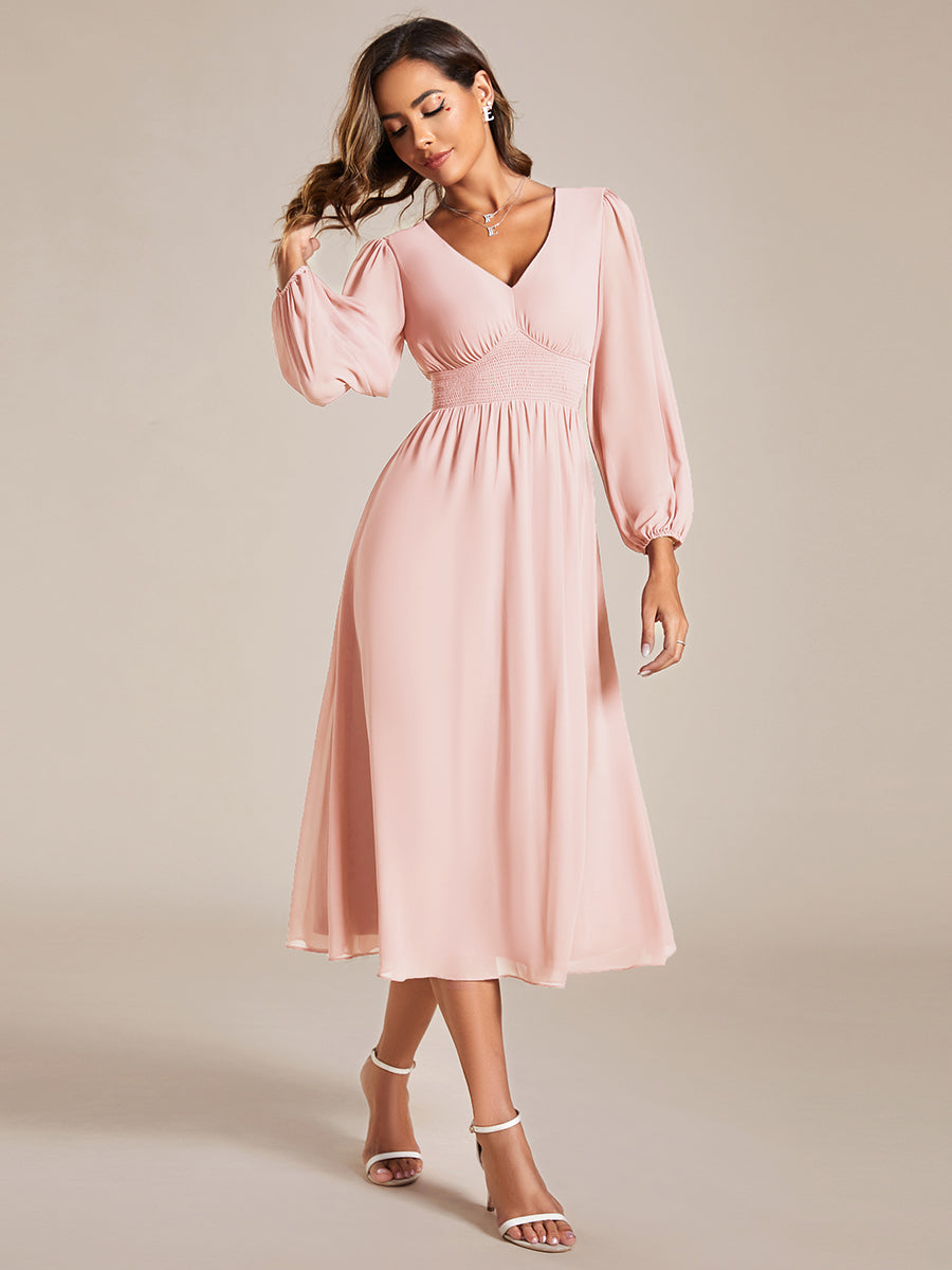 Knee Length Long Sleeves Chiffon Wholesale Wedding Guest Dresses#Color_Pink