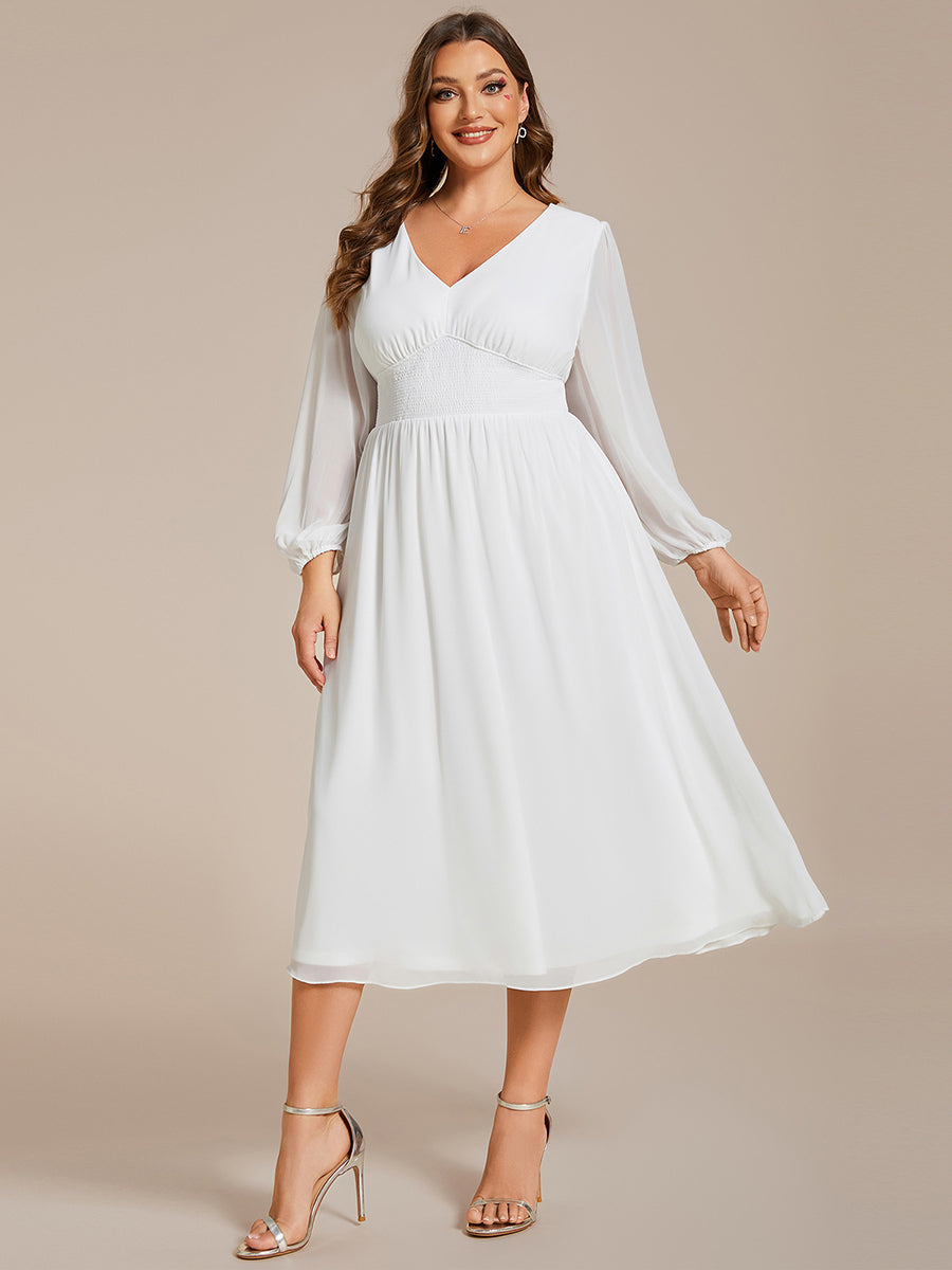 Color=White | Plus Size Knee Length Chiffon Wholesale Wedding Guest Dresses With Long Sleeves-White 24