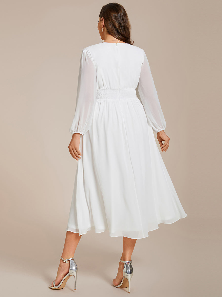 Color=White | Plus Size Knee Length Chiffon Wholesale Wedding Guest Dresses With Long Sleeves-White 23
