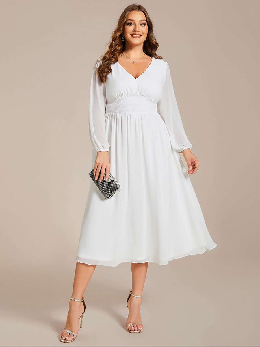 Color=White | Plus Size Knee Length Chiffon Wholesale Wedding Guest Dresses With Long Sleeves-White 21