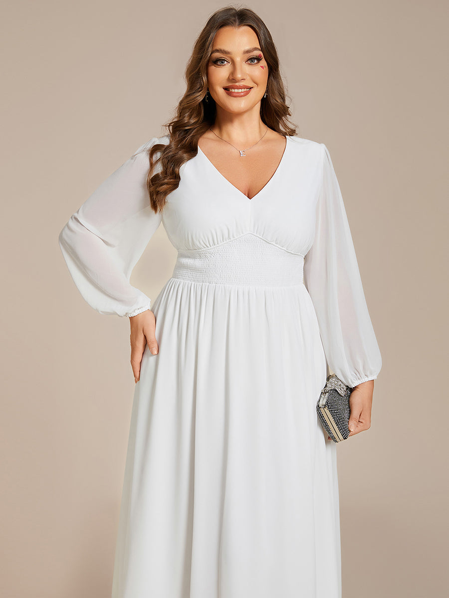 Color=White | Plus Size Knee Length Chiffon Wholesale Wedding Guest Dresses With Long Sleeves-White 25