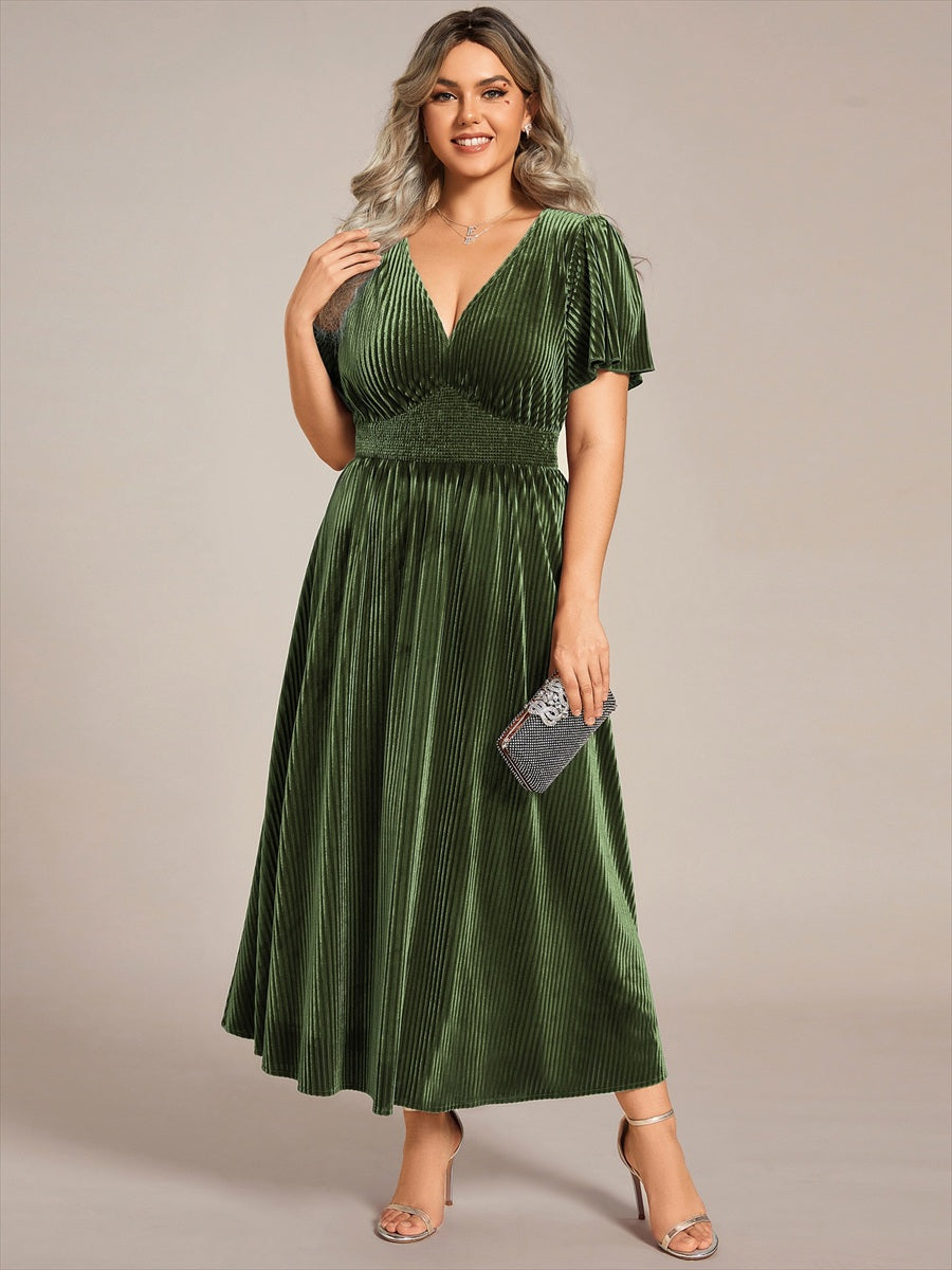 Color=Olive Green | Plus-Size-V-Neck Tea Length Velvet Wedding Guest Dresses-Olive Green 1
