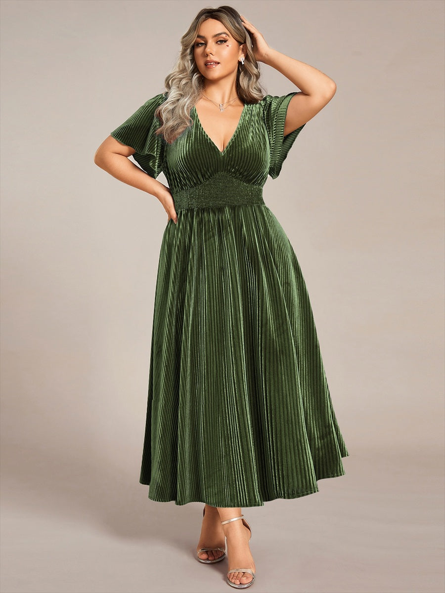 Color=Olive Green | Plus-Size-V-Neck Tea Length Velvet Wedding Guest Dresses-Olive Green 3