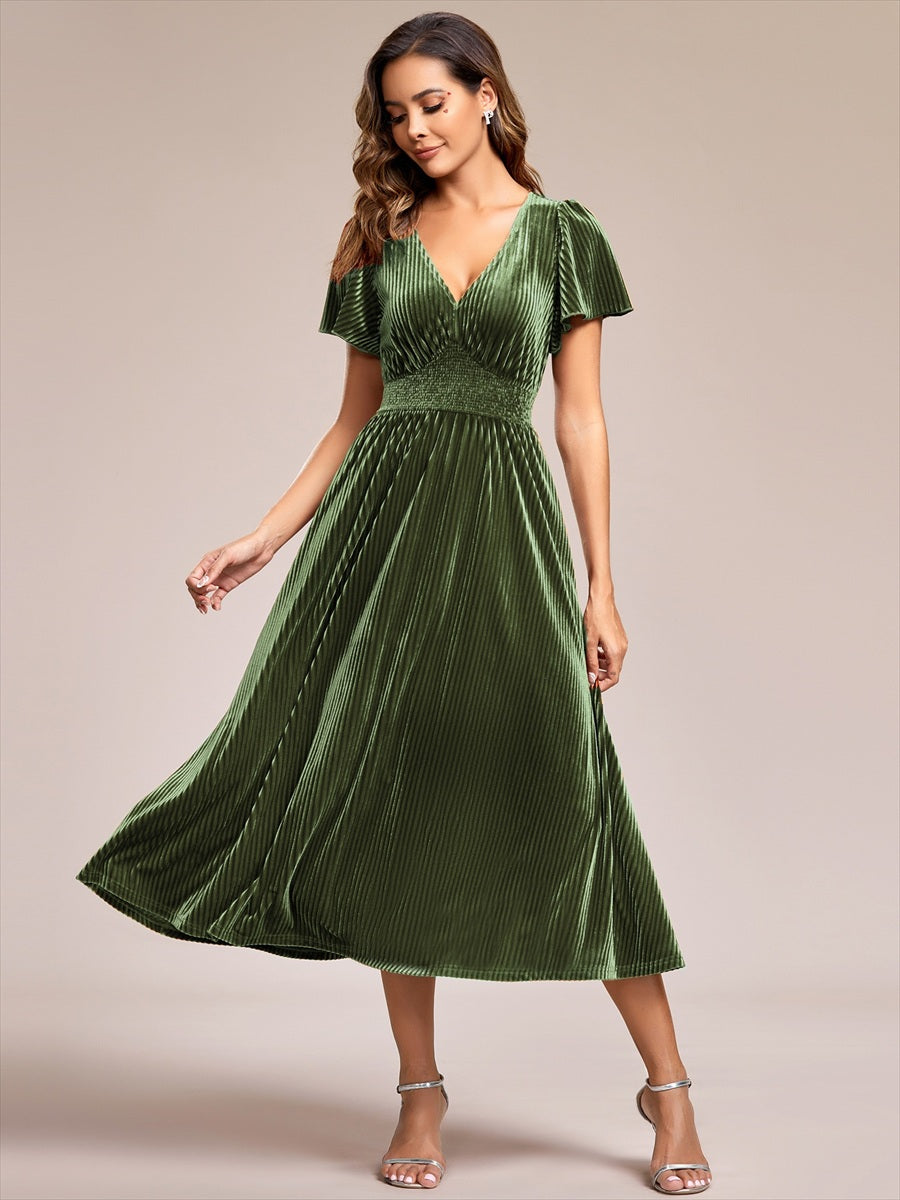 Color=Olive Green | V-Neck Tea Length Velvet Wedding Guest Dresses-Olive Green 1
