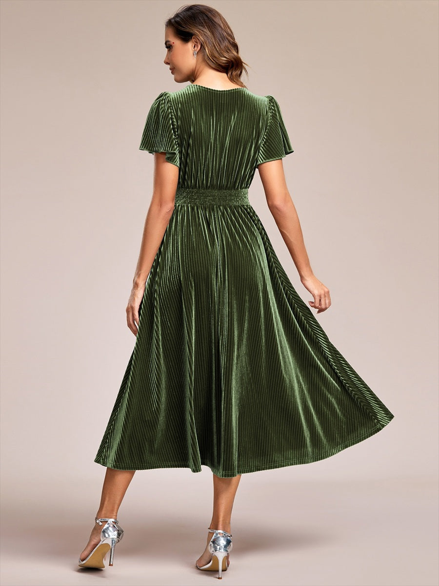Color=Olive Green | V-Neck Tea Length Velvet Wedding Guest Dresses-Olive Green 2
