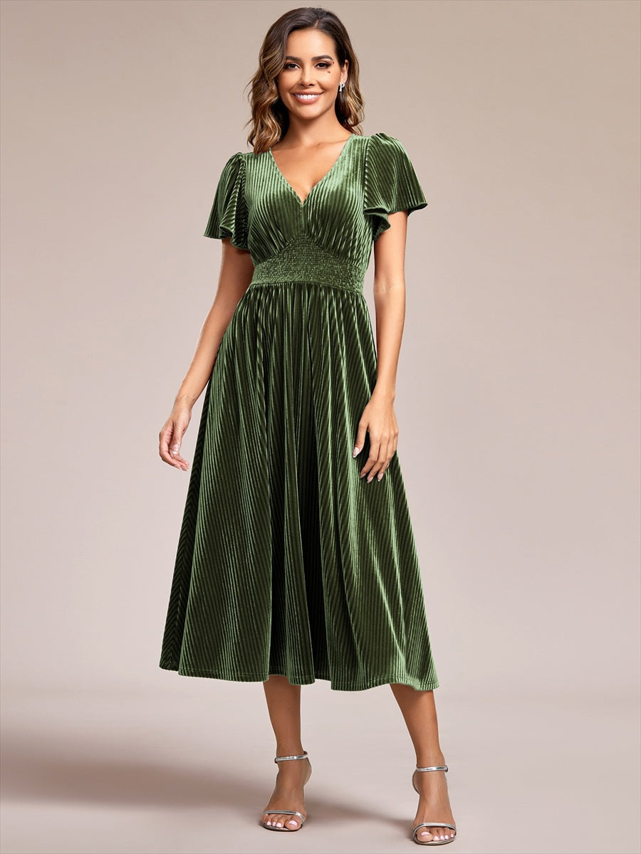 Color=Olive Green | V-Neck Tea Length Velvet Wedding Guest Dresses-Olive Green 3