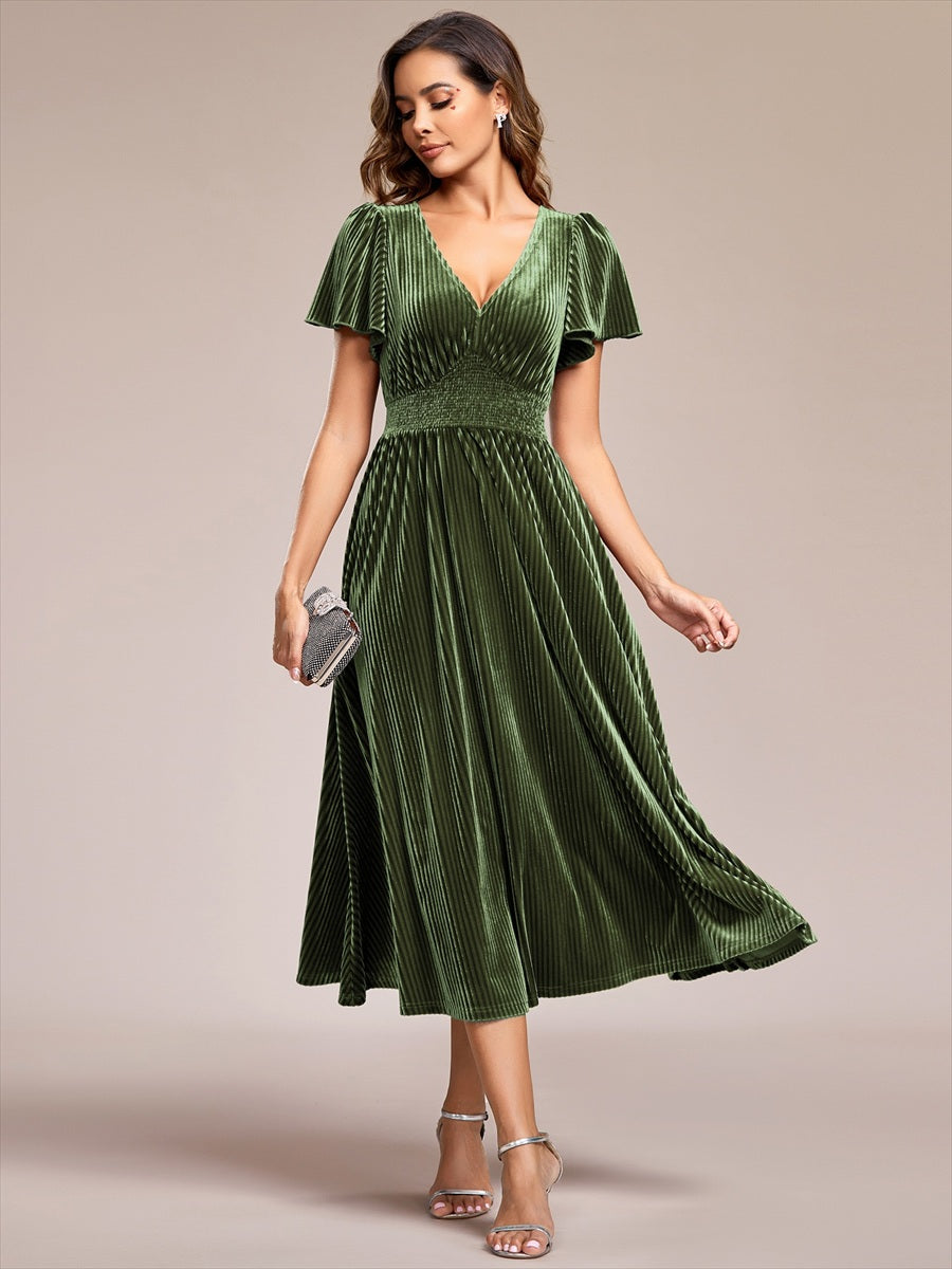 Color=Olive Green | V-Neck Tea Length Velvet Wedding Guest Dresses-Olive Green 4