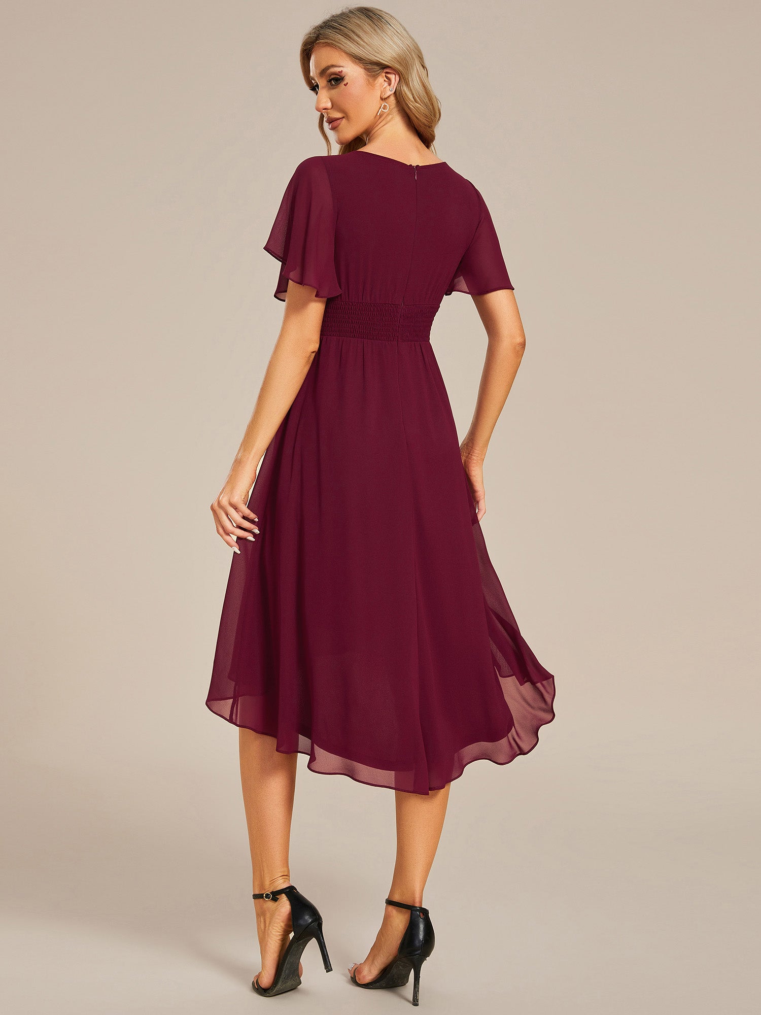 Color=Burgundy | Graceful Lotus Leaf Pleated A-Line Knee Length Round Neckline Short Sleeves Wholesale Wedding Guest Dress-Burgundy 2