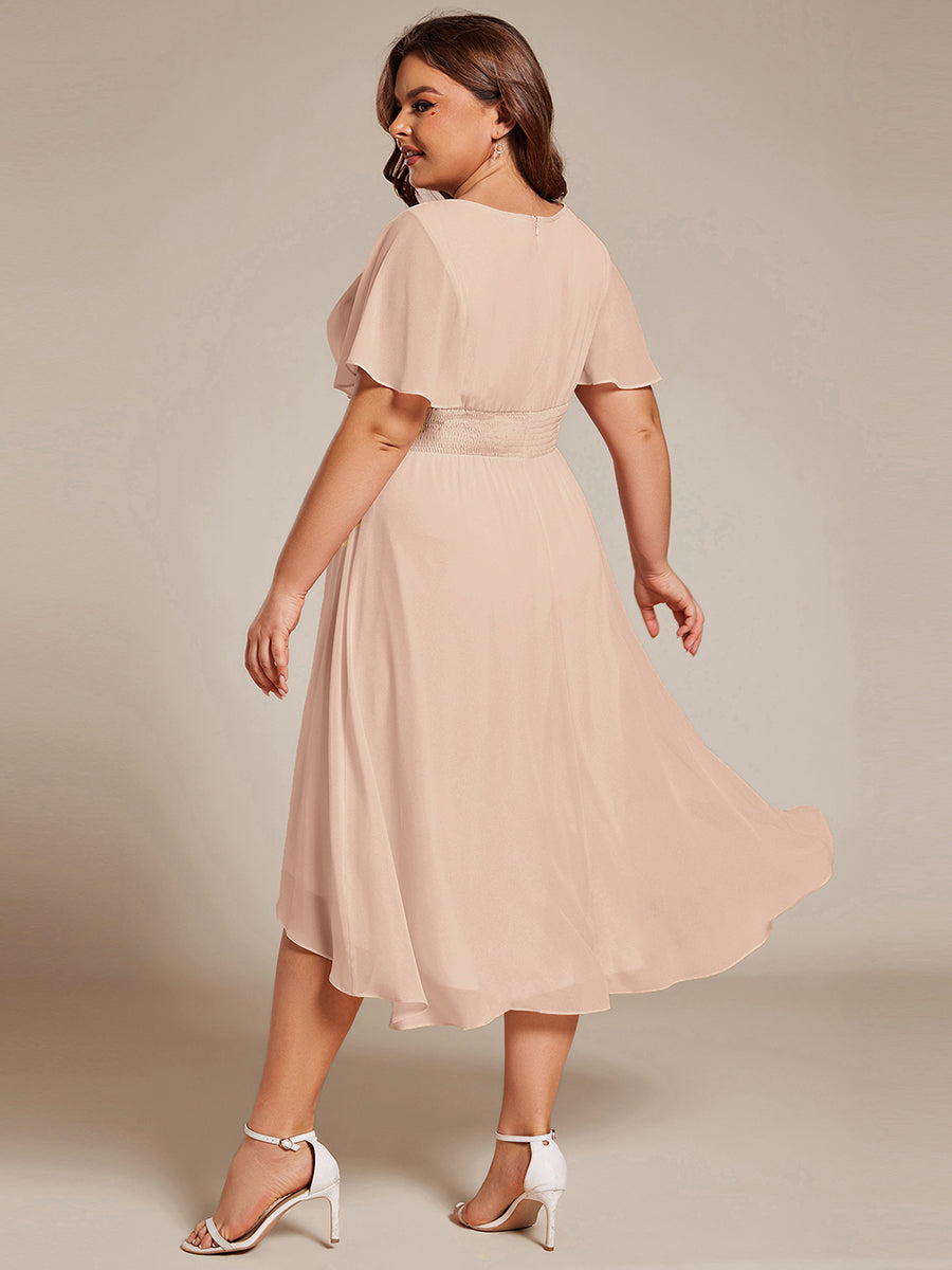 Color=Blush | Industrial Use Short Sleeve Ruffle Pleated Round Neck A-Line High-Low Wedding Guest Dresses-Blush 7