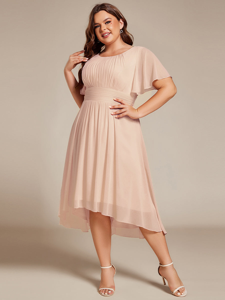 Color=Blush | Industrial Use Short Sleeve Ruffle Pleated Round Neck A-Line High-Low Wedding Guest Dresses-Blush 9