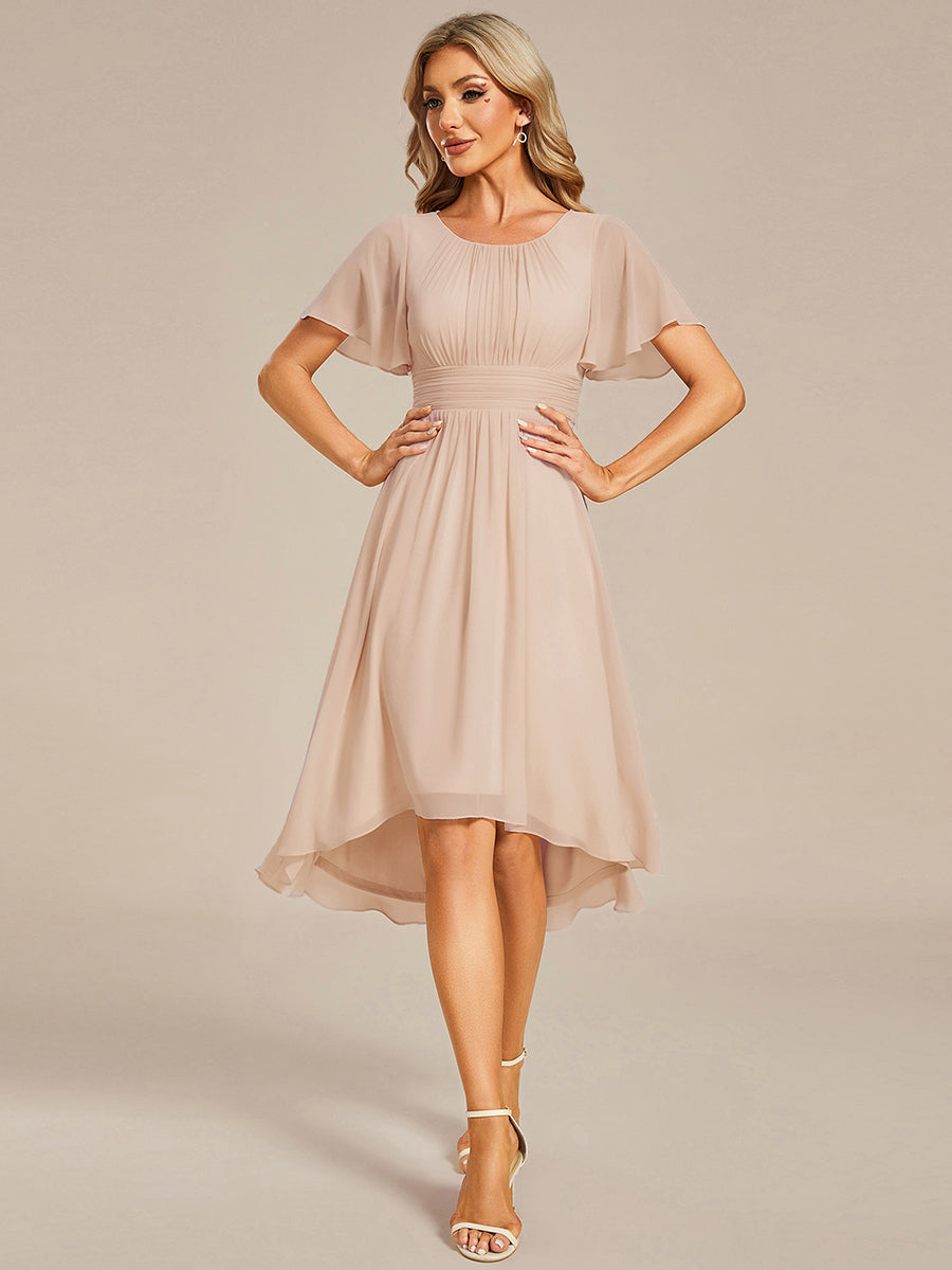 Color=Blush | Industrial Use Short Sleeve Ruffle Pleated Round Neck A-Line High-Low Wedding Guest Dresses-Blush 4