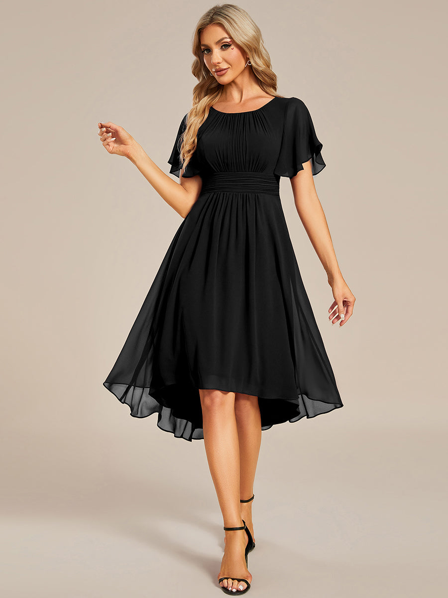 Color=Black | Graceful Lotus Leaf Pleated A-Line Knee Length Round Neckline Short Sleeves Wholesale Wedding Guest Dress-Black 8