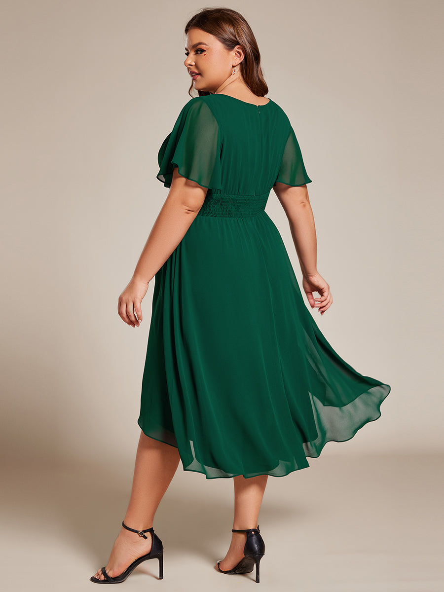 Color=Dark Green | Plus Graceful Lotus Leaf Pleated A-Line Knee Length Round Neckline Short Sleeves Wholesale Wedding Guest Dress-Dark Green 5