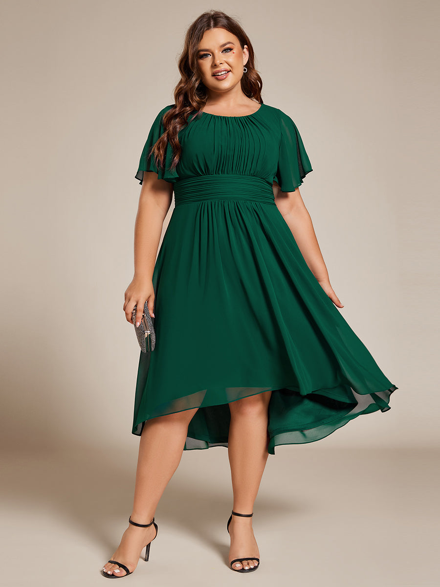Color=Dark Green | Plus Graceful Lotus Leaf Pleated A-Line Knee Length Round Neckline Short Sleeves Wholesale Wedding Guest Dress-Dark Green 1