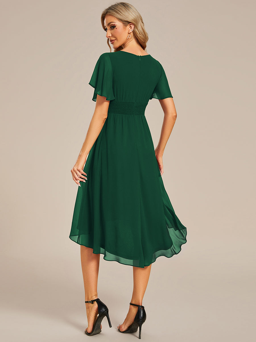 Color=Dark Green | Graceful Lotus Leaf Pleated A-Line Knee Length Round Neckline Short Sleeves Wholesale Wedding Guest Dress-Dark Green 16