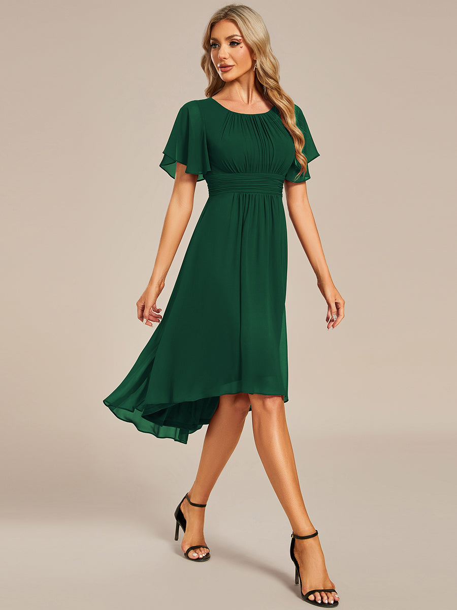 Color=Dark Green | Graceful Lotus Leaf Pleated A-Line Knee Length Round Neckline Short Sleeves Wholesale Wedding Guest Dress-Dark Green 17