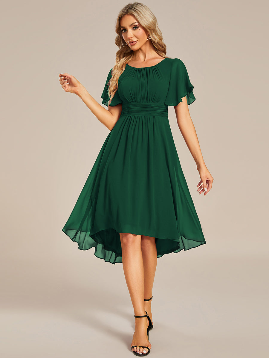 Color=Dark Green | Graceful Lotus Leaf Pleated A-Line Knee Length Round Neckline Short Sleeves Wholesale Wedding Guest Dress-Dark Green 15