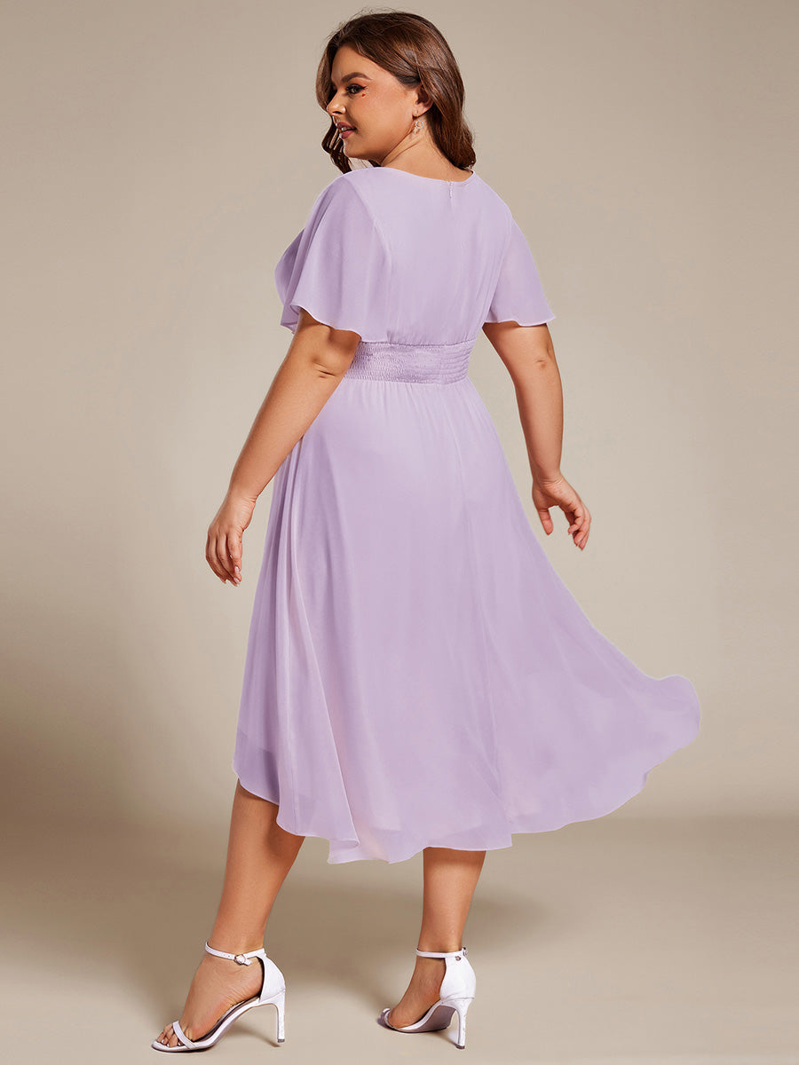 Color=Frosted Lilac | Industrial Use Short Sleeve Ruffle Pleated Round Neck A-Line High-Low Wedding Guest Dresses-Frosted Lilac 17