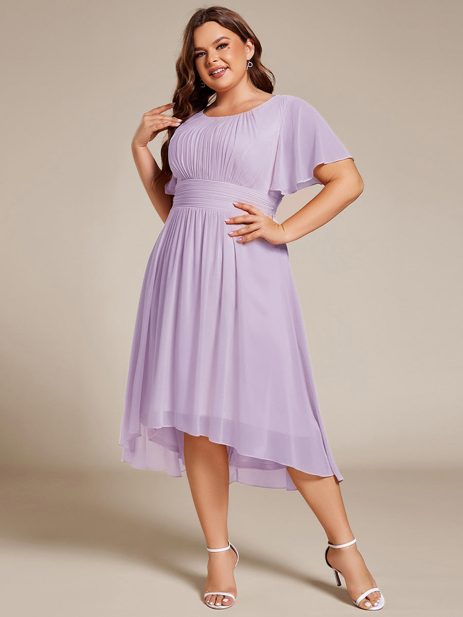 Color=Frosted Lilac | Industrial Use Short Sleeve Ruffle Pleated Round Neck A-Line High-Low Wedding Guest Dresses-Frosted Lilac 19
