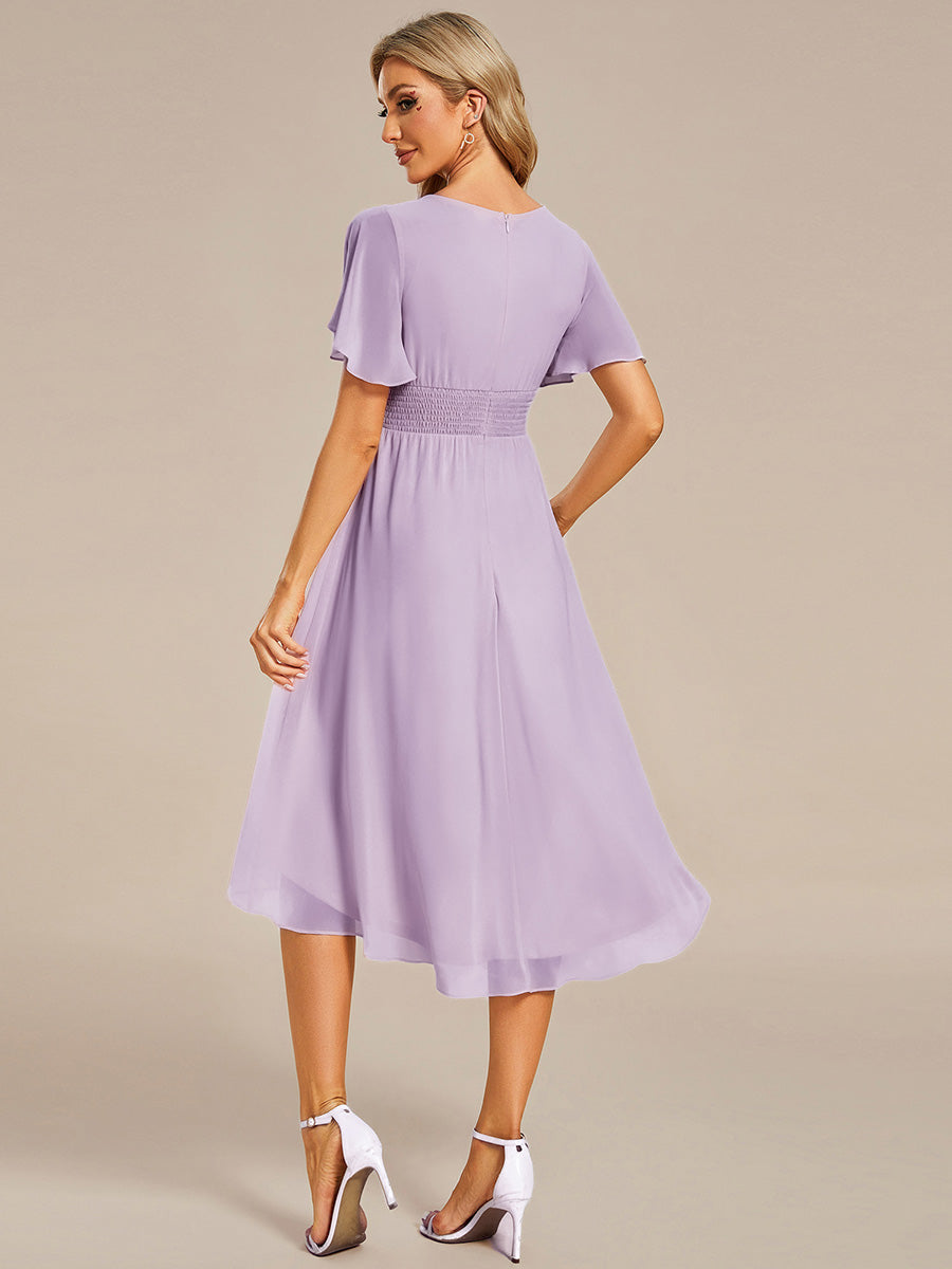 Color=Frosted Lilac | Industrial Use Short Sleeve Ruffle Pleated Round Neck A-Line High-Low Wedding Guest Dresses-Frosted Lilac 12