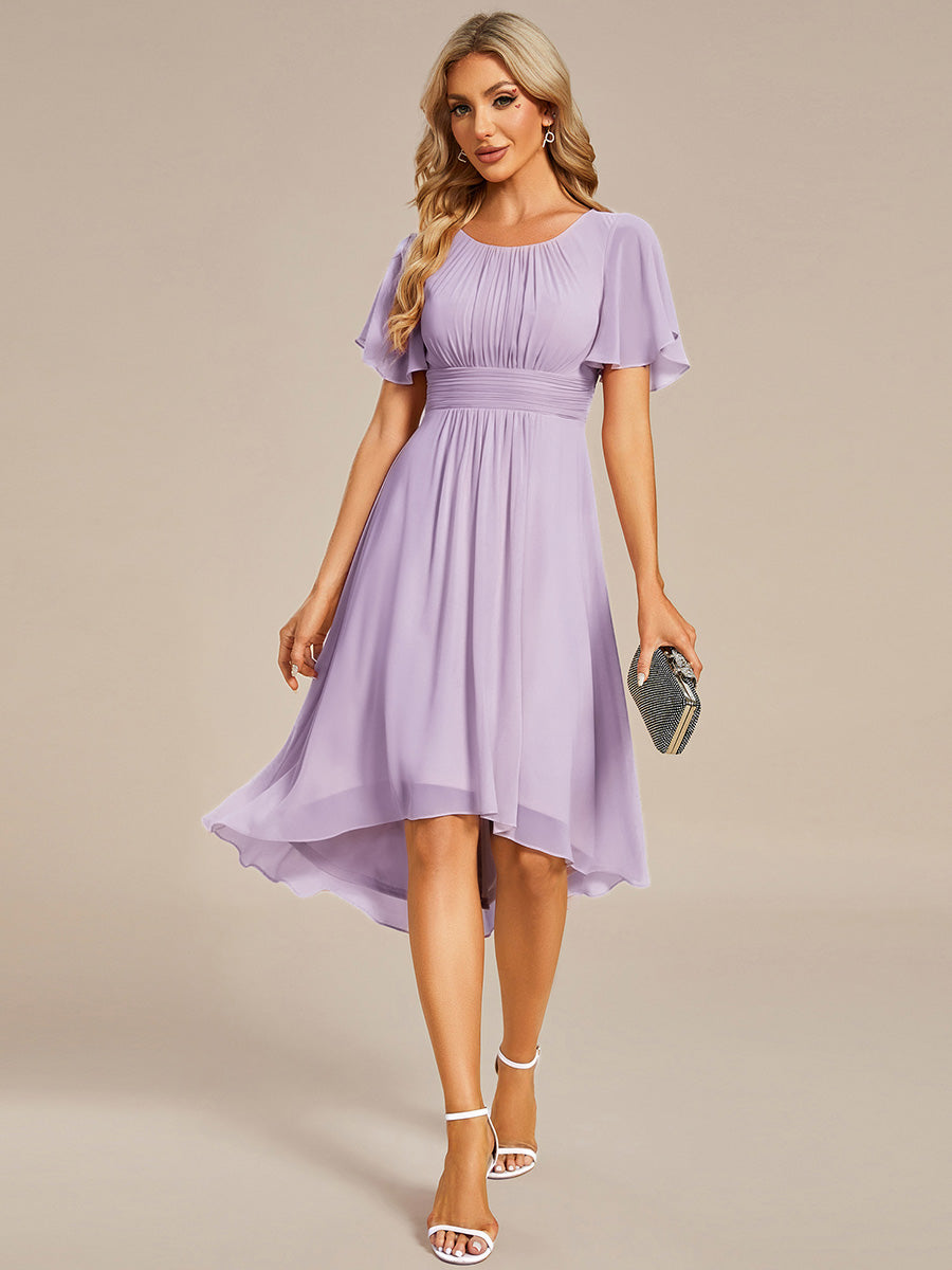 Color=Frosted Lilac | Industrial Use Short Sleeve Ruffle Pleated Round Neck A-Line High-Low Wedding Guest Dresses-Frosted Lilac 15
