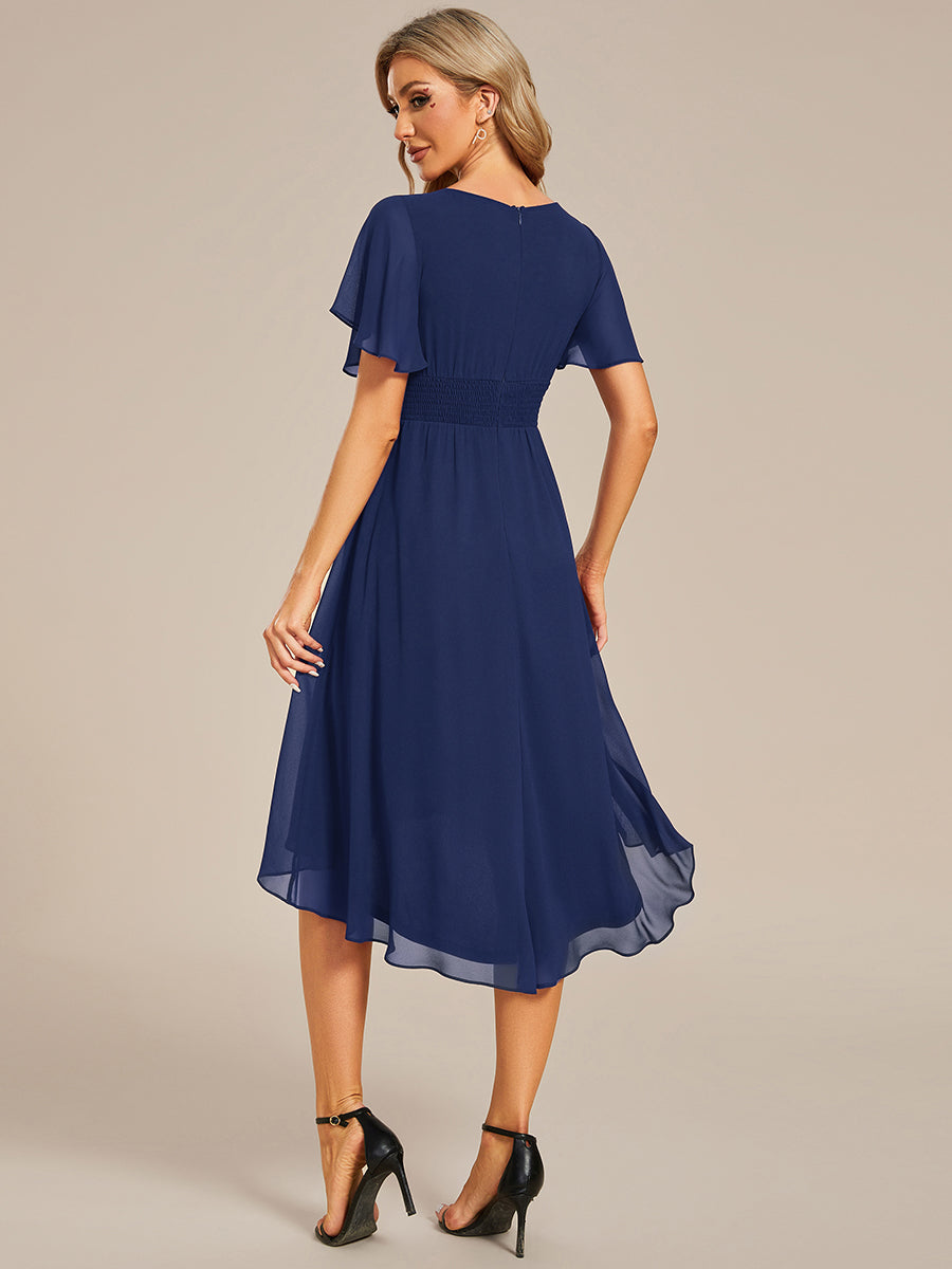 Color=Navy Blue | Graceful Lotus Leaf Pleated A-Line Knee Length Round Neckline Short Sleeves Wholesale Wedding Guest Dress-Navy Blue 23