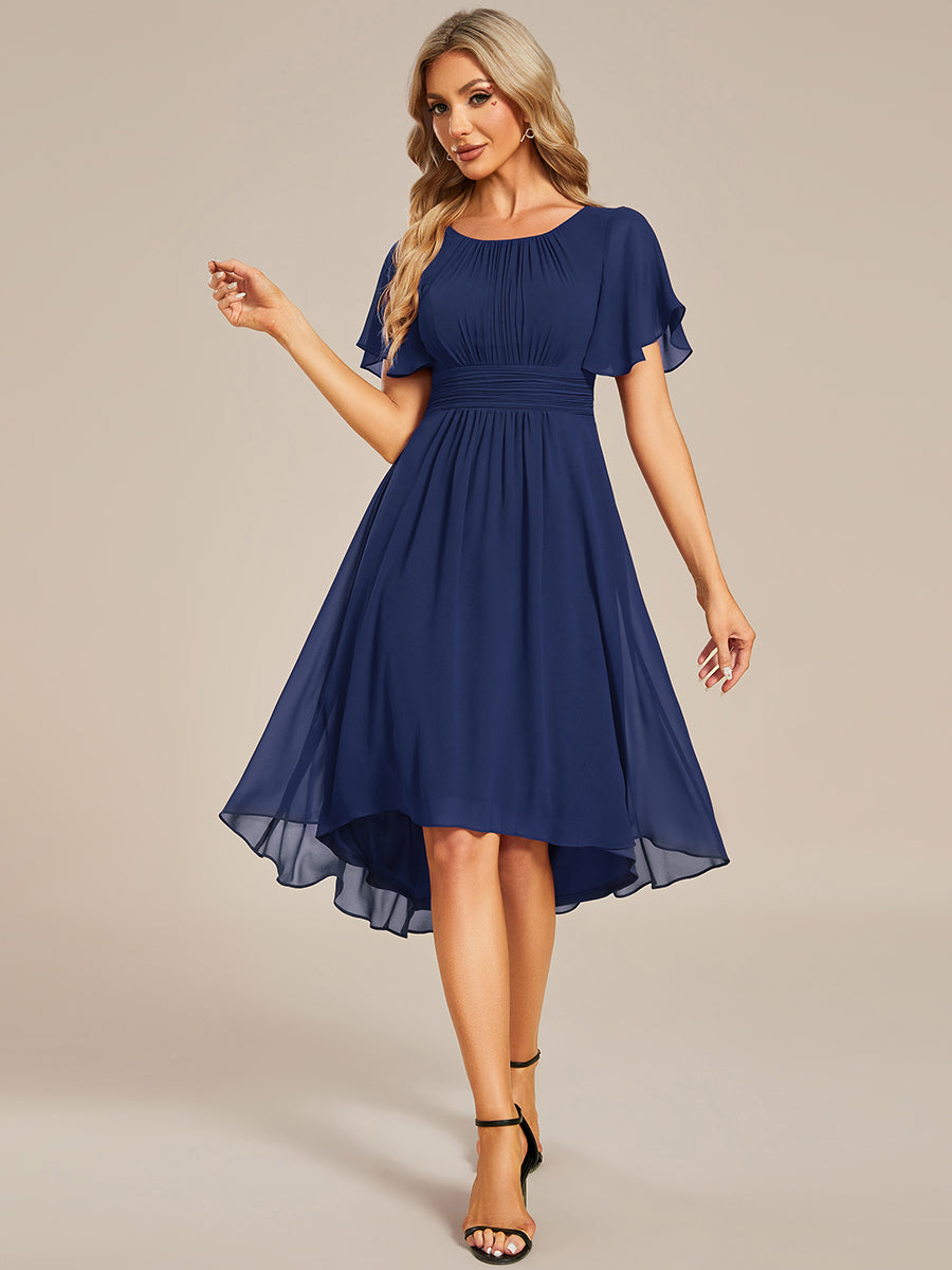 Color=Navy Blue | Graceful Lotus Leaf Pleated A-Line Knee Length Round Neckline Short Sleeves Wholesale Wedding Guest Dress-Navy Blue 22