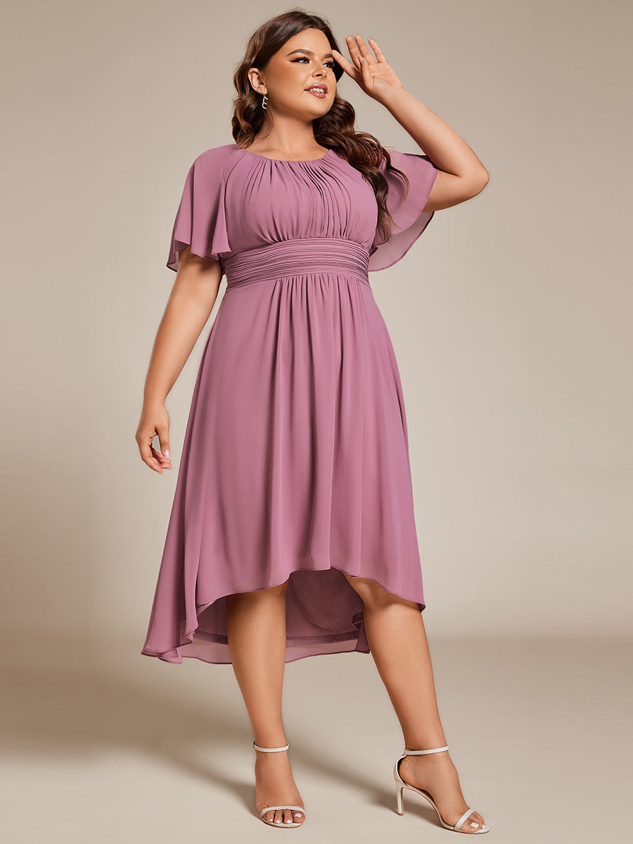 Color=Orchid | Plus Graceful Lotus Leaf Pleated A-Line Knee Length Round Neckline Short Sleeves Wholesale Wedding Guest Dress-Orchid 1