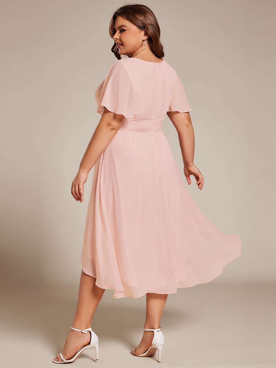 Color=Pink | Plus Graceful Lotus Leaf Pleated A-Line Knee Length Round Neckline Short Sleeves Wholesale Wedding Guest Dress-Pink