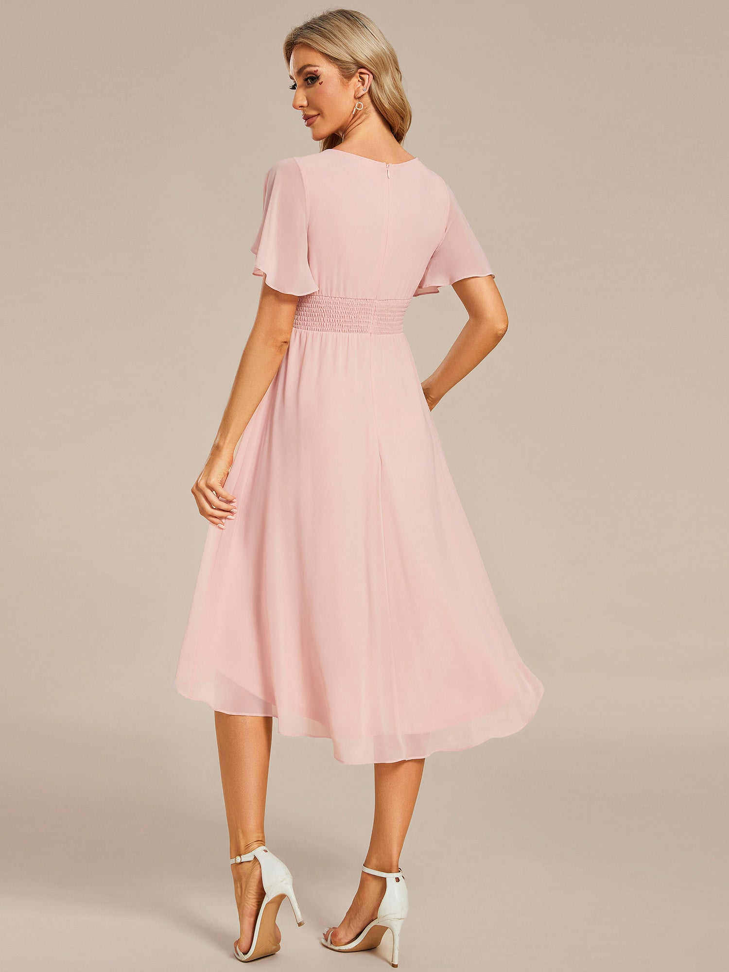 Color=Pink | Graceful Lotus Leaf Pleated A-Line Knee Length Round Neckline Short Sleeves Wholesale Wedding Guest Dress-Pink 