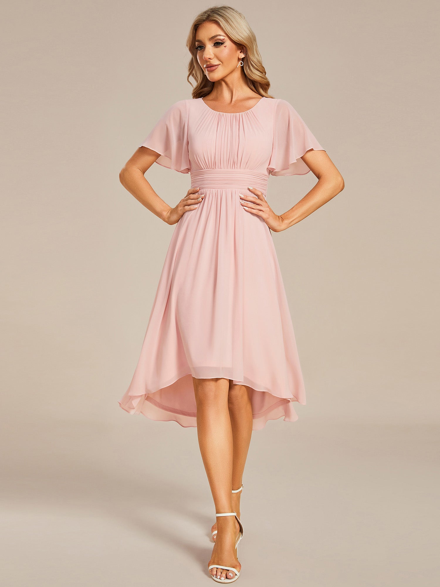 Color=Pink | Graceful Lotus Leaf Pleated A-Line Knee Length Round Neckline Short Sleeves Wholesale Wedding Guest Dress-Pink 