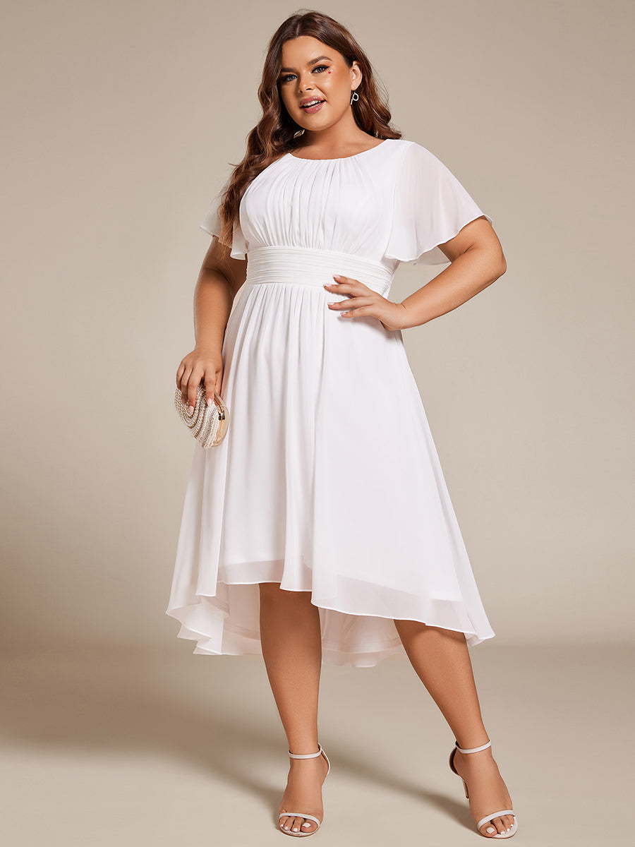 Color=White | Plus Graceful Lotus Leaf Pleated A-Line Knee Length Round Neckline Short Sleeves Wholesale Wedding Guest Dress-White 5