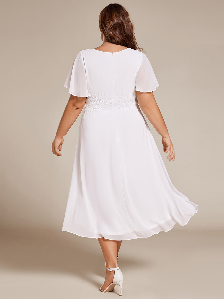 Color=White | Plus Graceful Lotus Leaf Pleated A-Line Knee Length Round Neckline Short Sleeves Wholesale Wedding Guest Dress-White 3