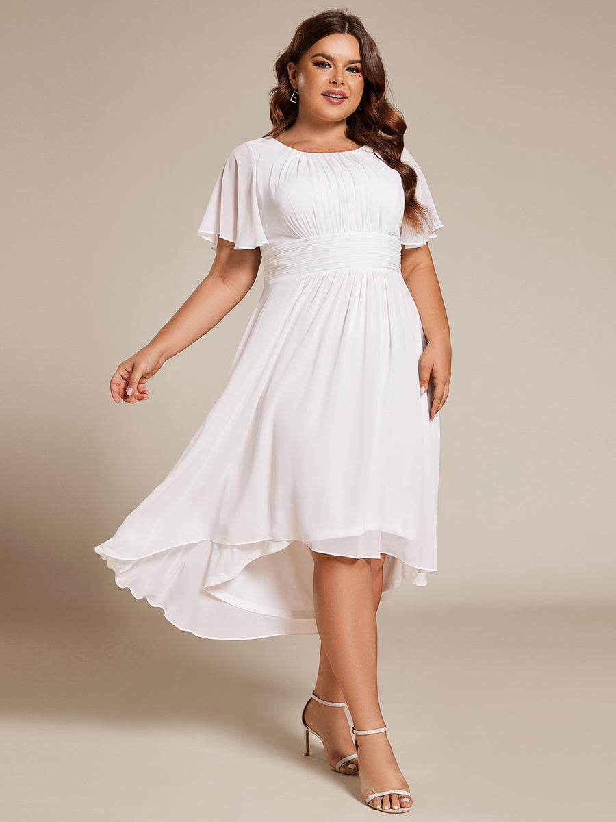 Color=White | Plus Graceful Lotus Leaf Pleated A-Line Knee Length Round Neckline Short Sleeves Wholesale Wedding Guest Dress-White 1