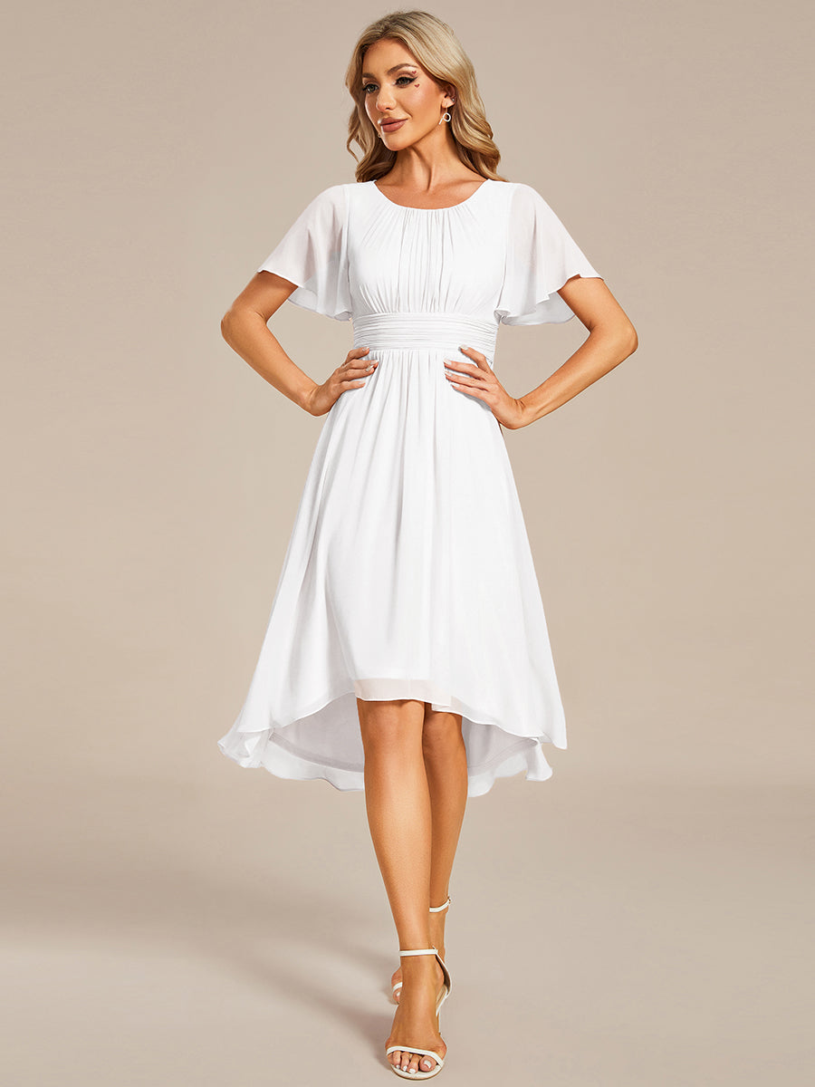 Color=White | Graceful Lotus Leaf Pleated A-Line Knee Length Round Neckline Short Sleeves Wholesale Wedding Guest Dress-White 1